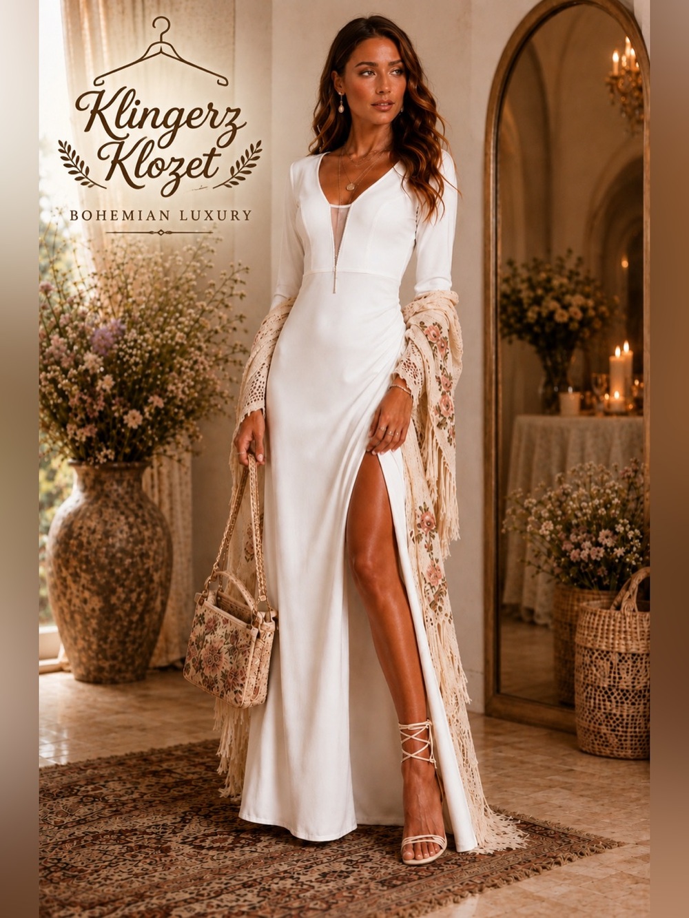 Lulus White Long Sleeve Plunging V-Neck Maxi Dress NWT